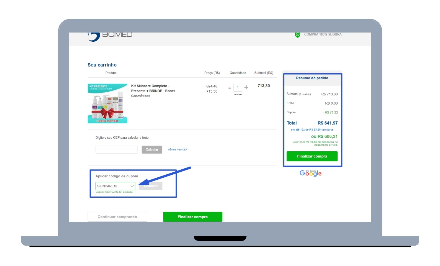 cupom BCMED - passo a passo checkout