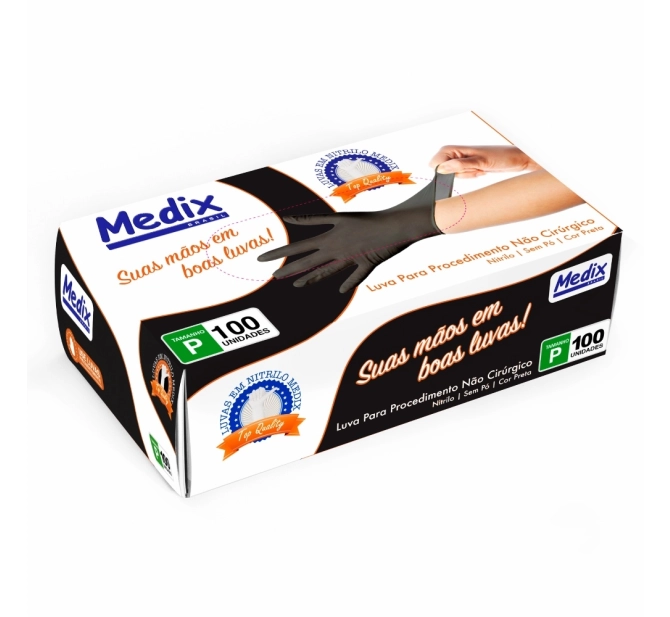 Luva Nitrílica Preta - Sem Pó - Medix Brasil