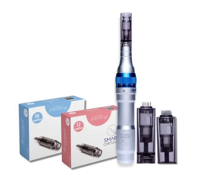 Kit Caneta de Microagulhamento Smart DermaPen + Cartuchos de 12 Agulhas 10 Unid. + Cartuchos de 36 Agulhas 10 Unid. - Smart GR