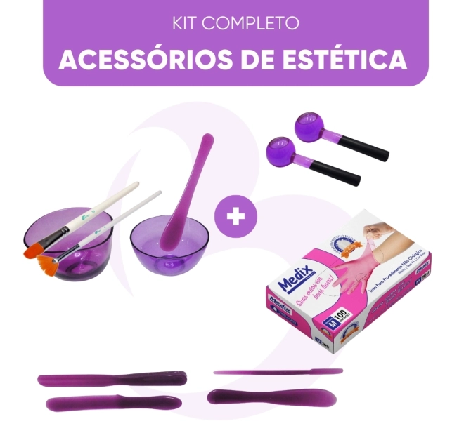 Kit Completo 1.0 - Cubetas + Espátulas + Pincéis + Esferas Pequena + Luva - Acessórios de Estética Estek