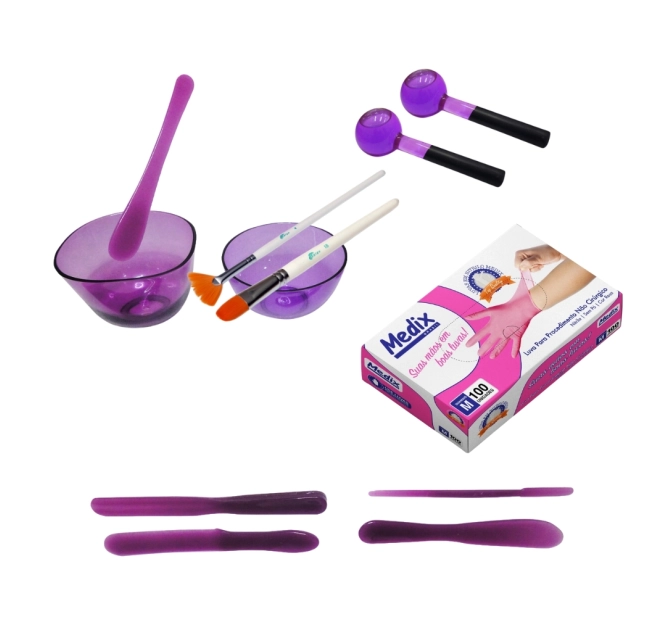 Kit Completo 1.0 - Cubetas + Espátulas + Pincéis + Esferas Pequena + Luva - Acessórios de Estética Estek