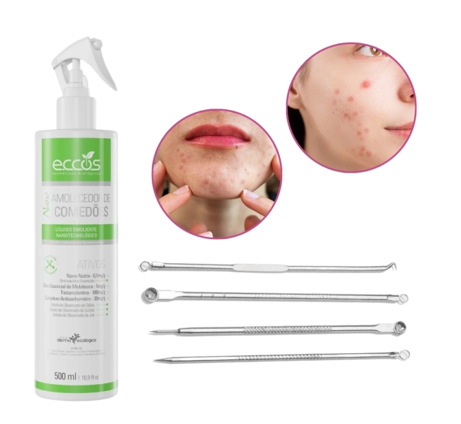 Kit Extração de Cravos e Espinhas - Nano Amolecedor de Comedões + 4 Curetas - Eccos Cosméticos 