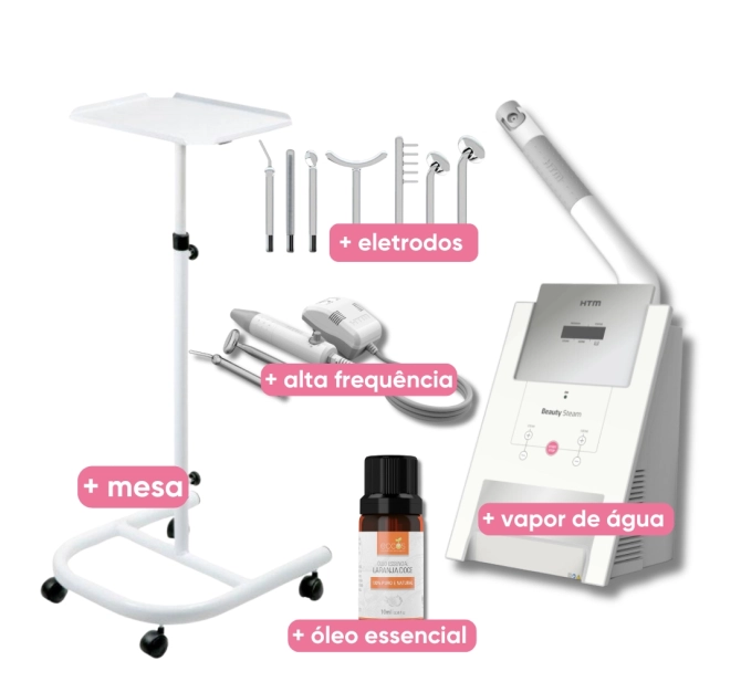 Kit Iniciante Beauty Face + Beauty Steam + 7 Eletrodos + Mesa Auxiliar - HTM 