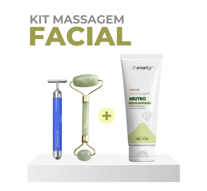 Kit Massagem Facial - Smart Vibra Massageador + Rolo Massageador de Jade Verde + Creme Neutro - Smart GR