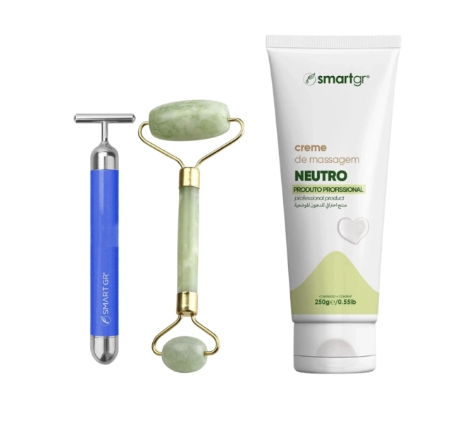 Kit Massagem Facial - Smart Vibra Massageador + Rolo Massageador de Jade Verde + Creme Neutro - Smart GR