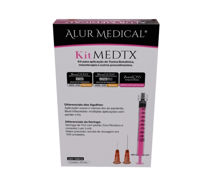 Kit MEDTX - Agulha de Aplicação 34G + Agulha de Aspiração 25 G + Seringa 1ml - Alur Medical 