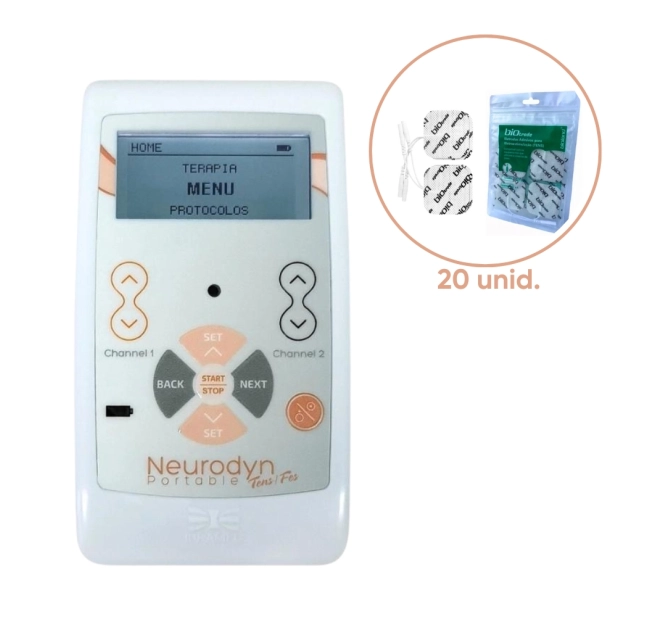  Kit Neurodyn Portable TENS/FES - Ibramed + Eletrodo Adesivo 5x5 cm (20 unidades) - Ibramed