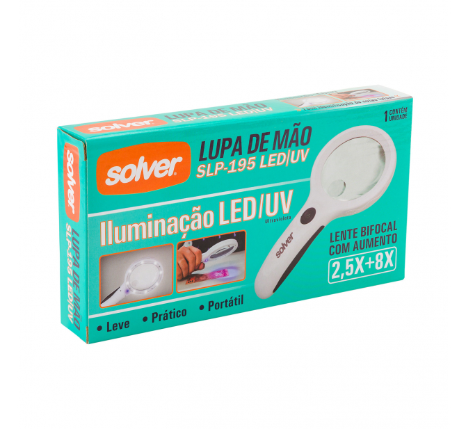 Lupa De Mão Portátil Com 8 Leds E Ultravioleta Com Aumento Bifocal Slp-195 - Led /Uv Para Estética - Solver