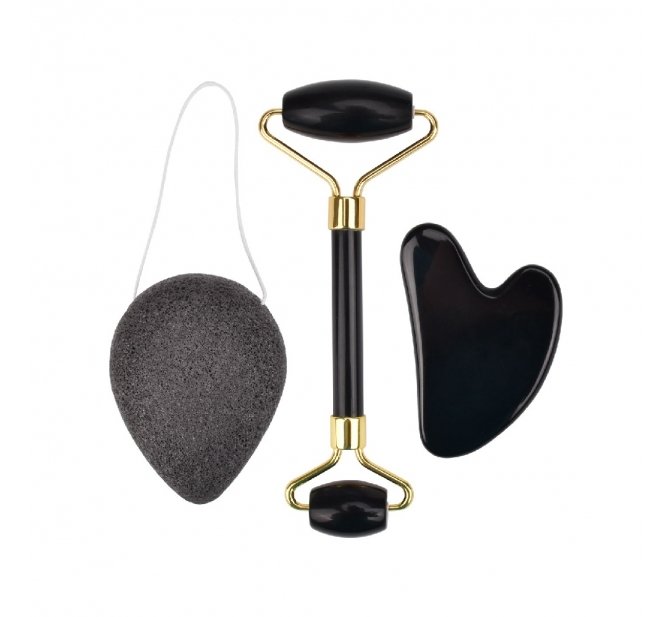 Rolo Massageador de Pedra Obsidiana Negra + Guasha Coração + Esponja Konjac - Smart GR