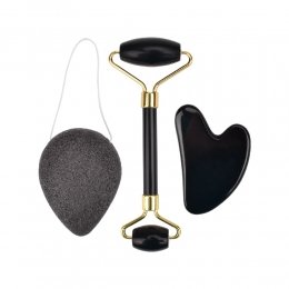 Rolo Massageador de Pedra Obsidiana Negra + Guasha Coração + Esponja Konjac - Smart GR