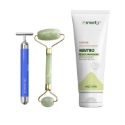 Kit Massagem Facial - Smart Vibra Massageador + Rolo Massageador de Jade Verde + Creme Neutro - Smart GR